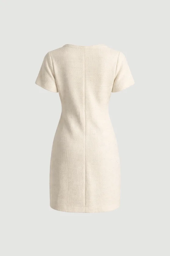Short Sleeve Tweed Dress Ecru - 9