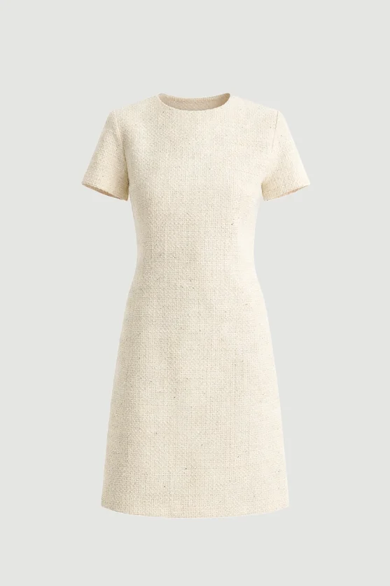 Short Sleeve Tweed Dress Ecru - 8