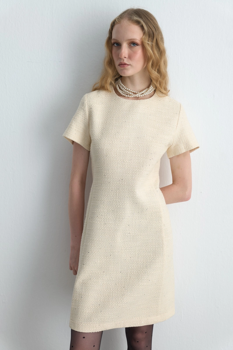 Short Sleeve Tweed Dress - Ecru - Gusto