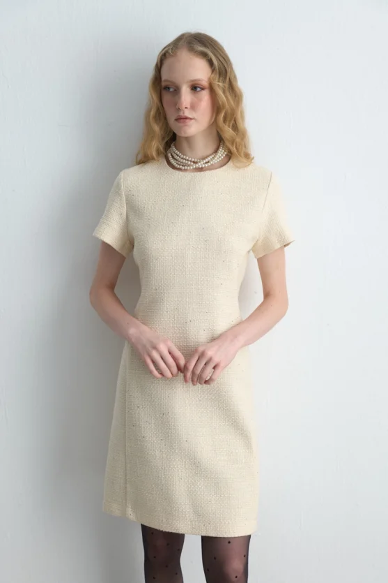 Short Sleeve Tweed Dress Ecru - 2