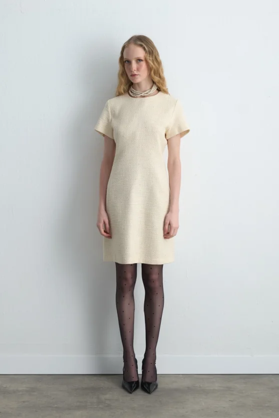 Short Sleeve Tweed Dress Ecru - Gusto