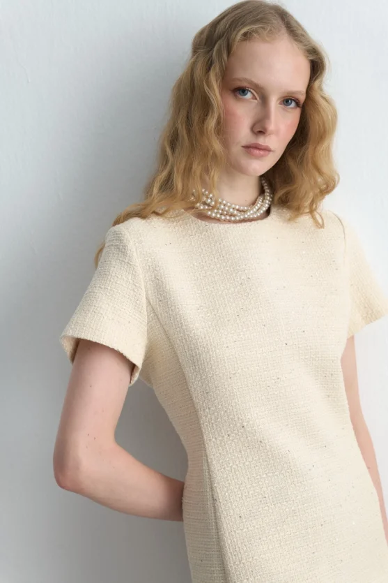 Short Sleeve Tweed Dress Ecru - Gusto