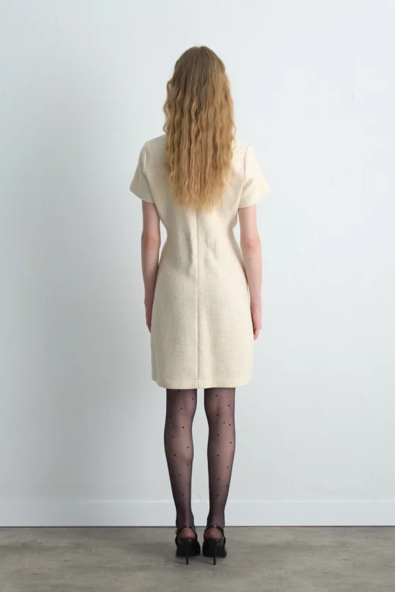Short Sleeve Tweed Dress Ecru - 7