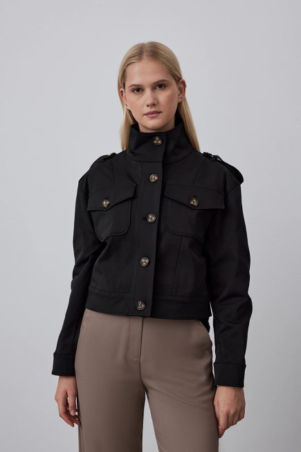 Short Trench Coat with Stand Collar - Black Black