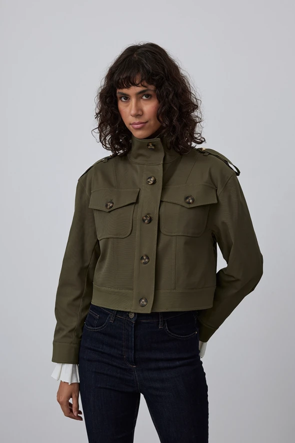 Short Trench Coat with Stand Collar - Khaki - 3