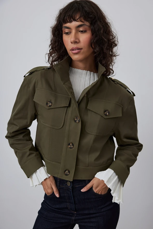 Short Trench Coat with Stand Collar - Khaki - 1