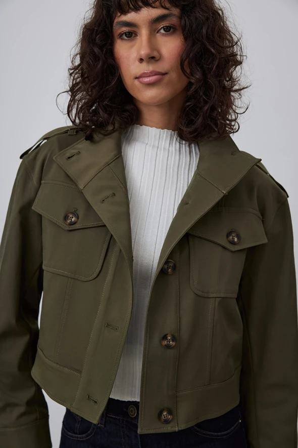 Short Trench Coat with Stand Collar - Khaki - 6