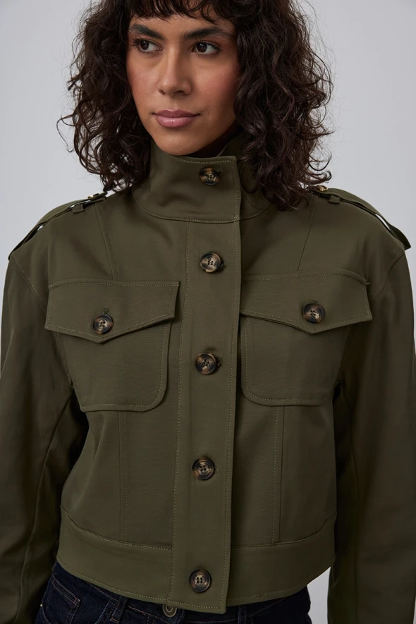 Short Trench Coat with Stand Collar - Khaki - 7