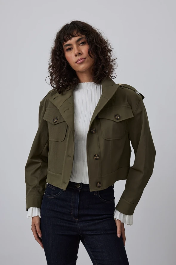 Short Trench Coat with Stand Collar - Khaki - 5