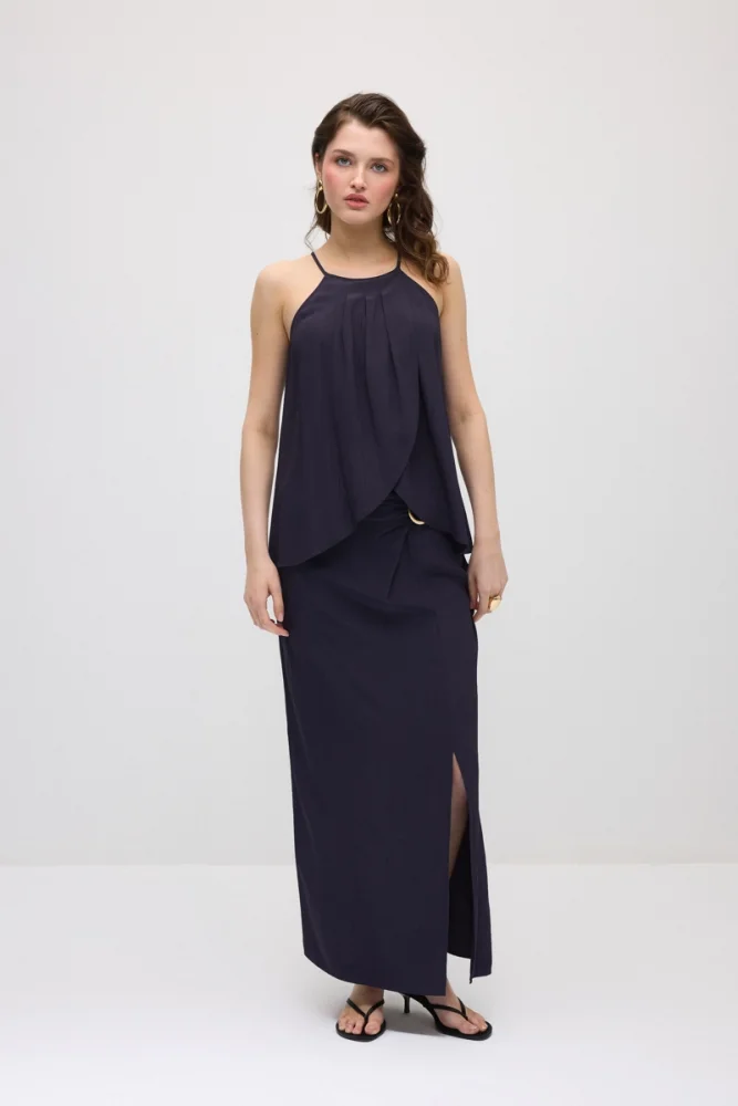 Side-Buckle Long Slit Skirt - Navy Blue Navy Blue
