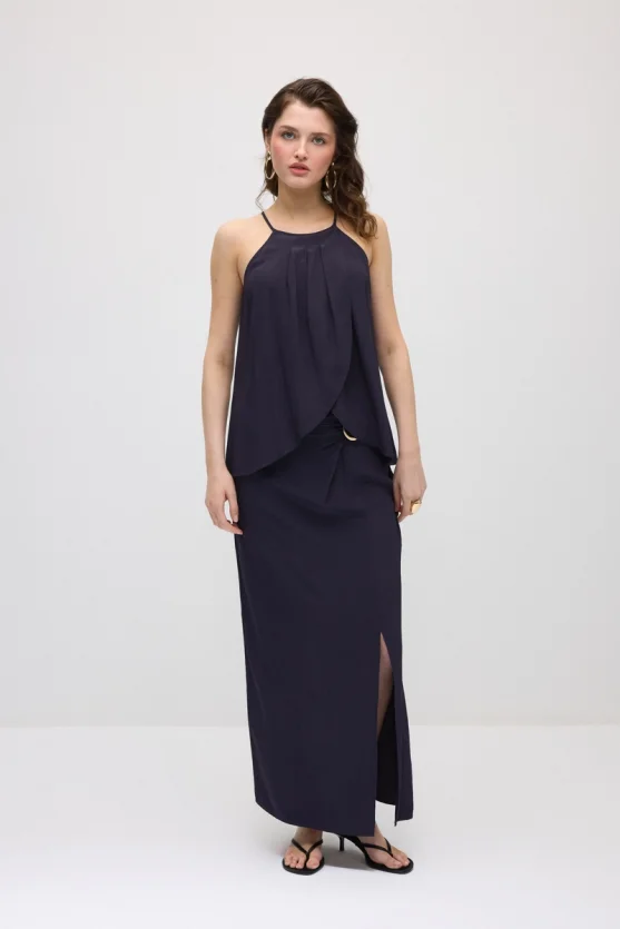 Side-Buckle Long Slit Skirt - Navy Blue - 1