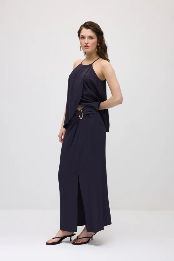 Side-Buckle Long Slit Skirt - Navy Blue - 3