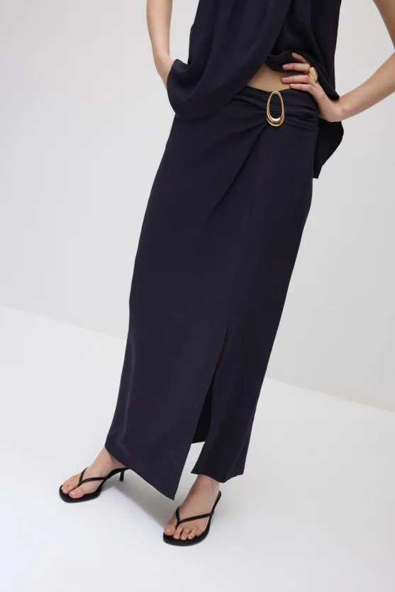 Side-Buckle Long Slit Skirt - Navy Blue - 5