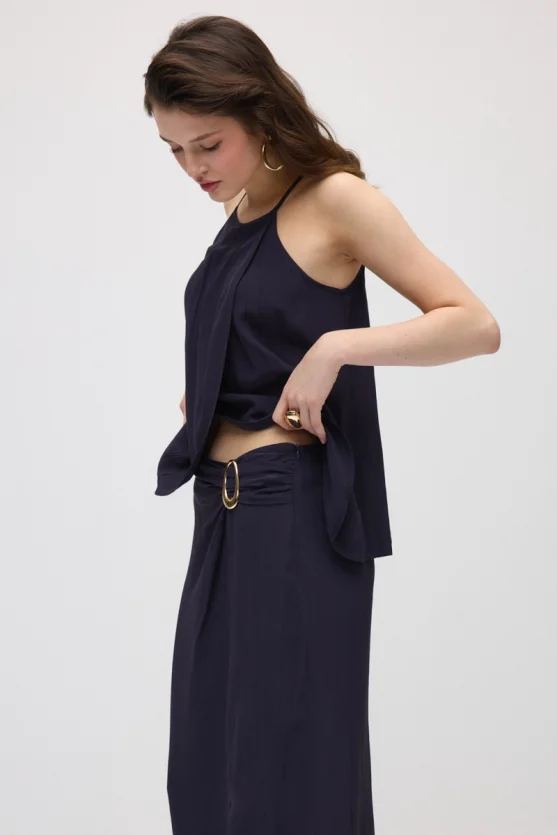 Side-Buckle Long Slit Skirt - Navy Blue - 7