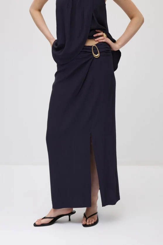 Side-Buckle Long Slit Skirt - Navy Blue - 2