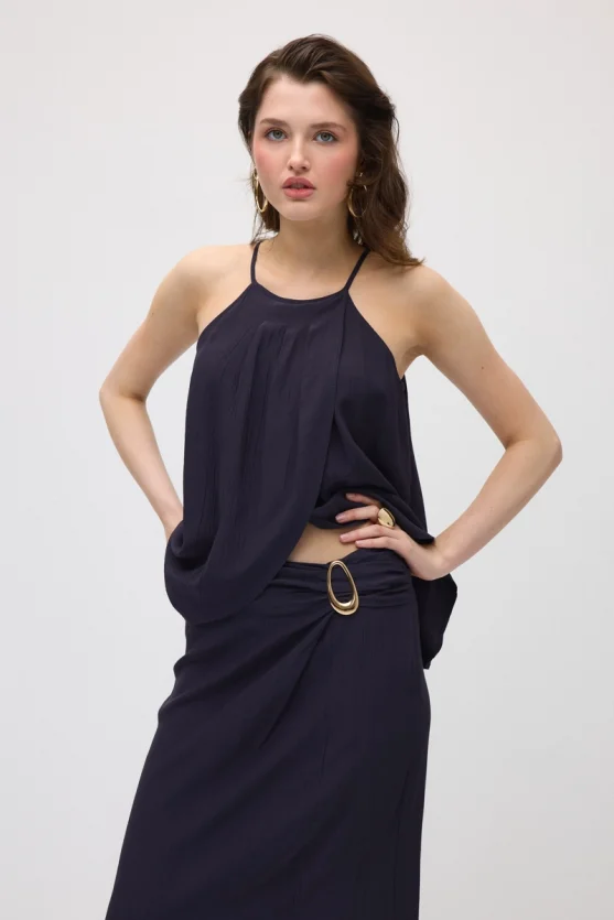 Side-Buckle Long Slit Skirt - Navy Blue - Gusto