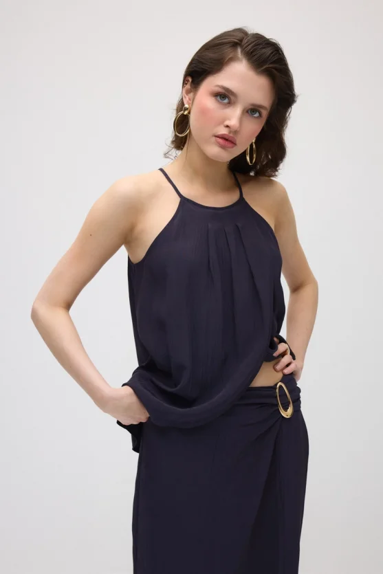 Side-Buckle Long Slit Skirt - Navy Blue - Gusto