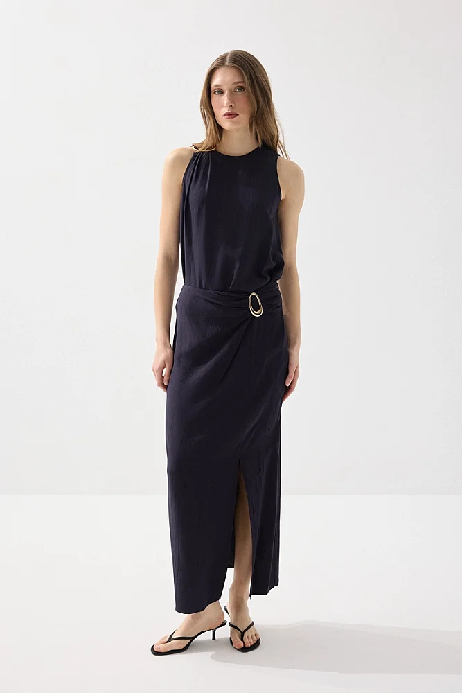 Side-Buckle Long Slit Skirt - Navy Blue Navy Blue