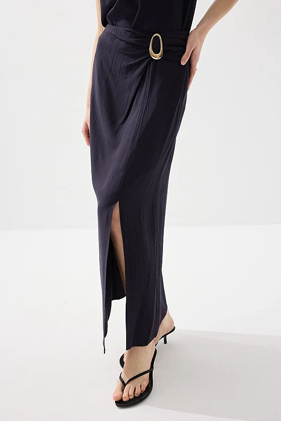 Side-Buckle Long Slit Skirt - Navy Blue - Gusto