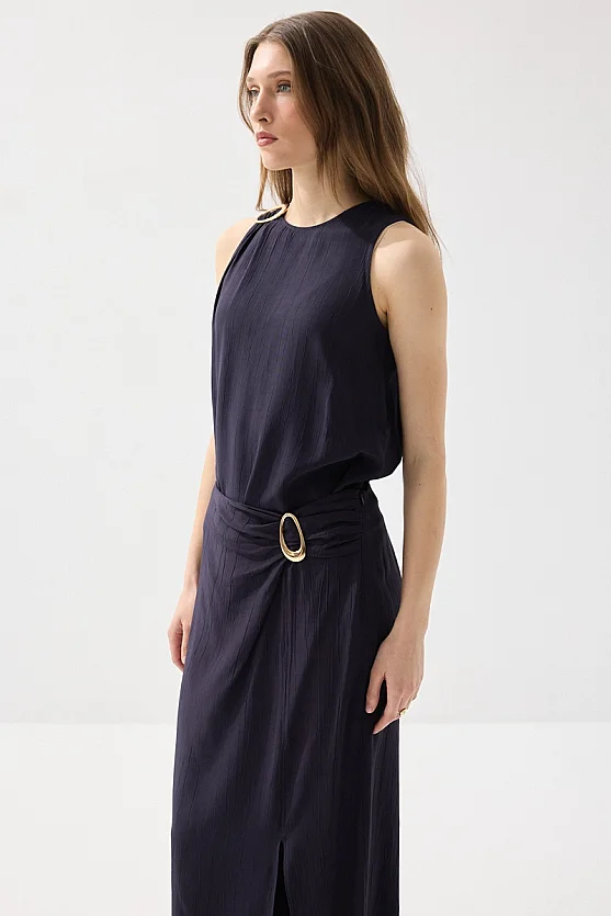 Side-Buckle Long Slit Skirt - Navy Blue - Gusto
