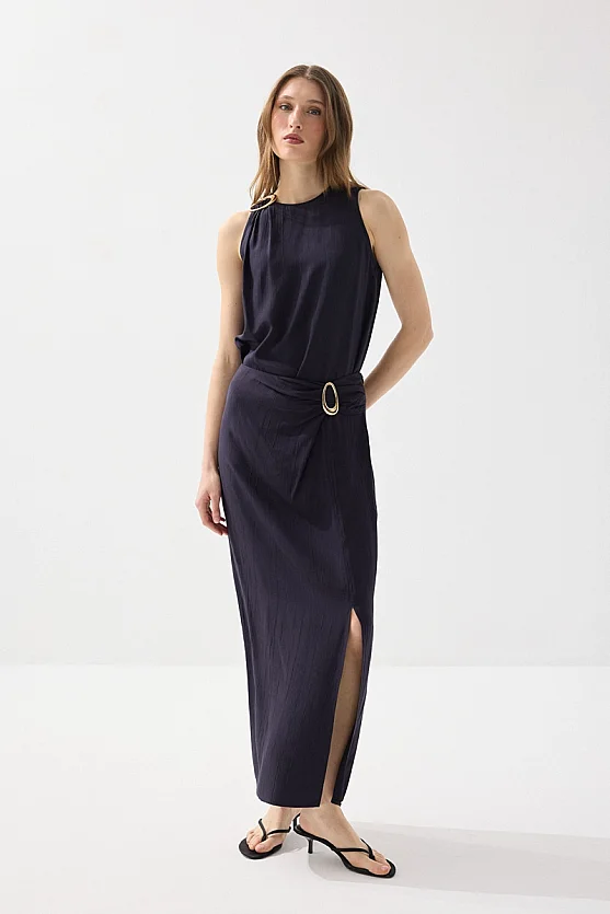 Side-Buckle Long Slit Skirt - Navy Blue - 5