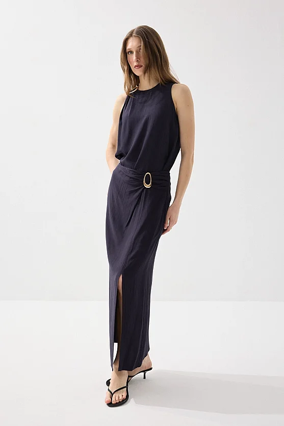 Side-Buckle Long Slit Skirt - Navy Blue - 6