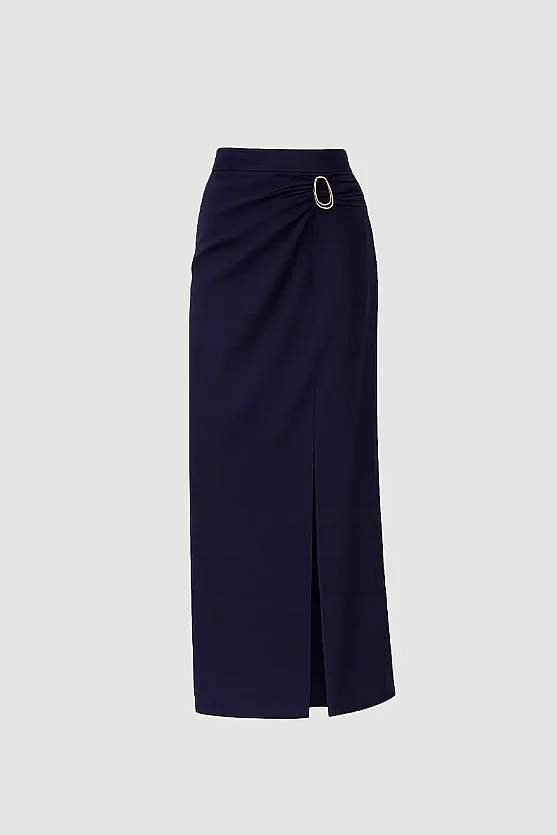 Side-Buckle Long Slit Skirt - Navy Blue - 8