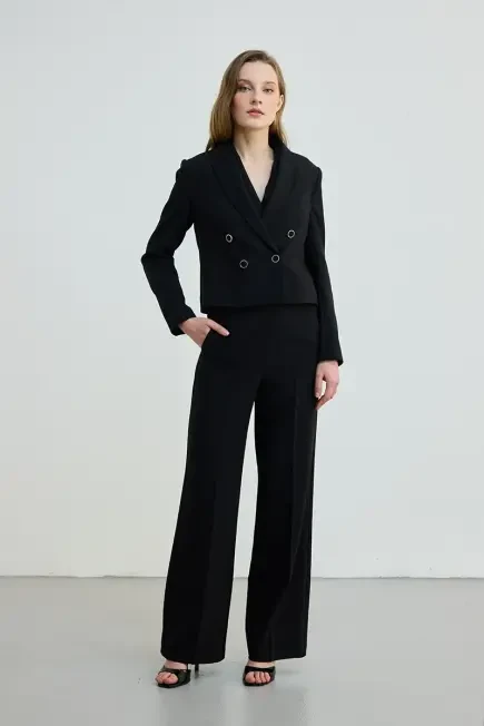 Side Zippered Wide Leg Pants - Black Black