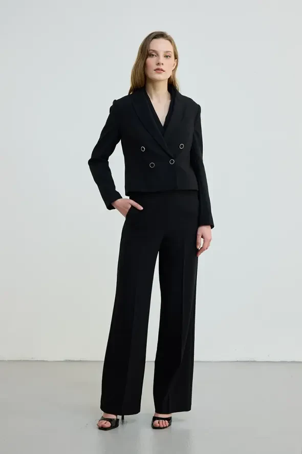 Side Zippered Wide Leg Pants - Black - 1