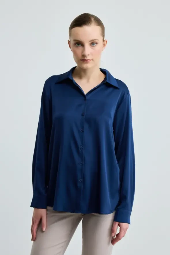 Silk Satin Shirt - Navy Blue - 1