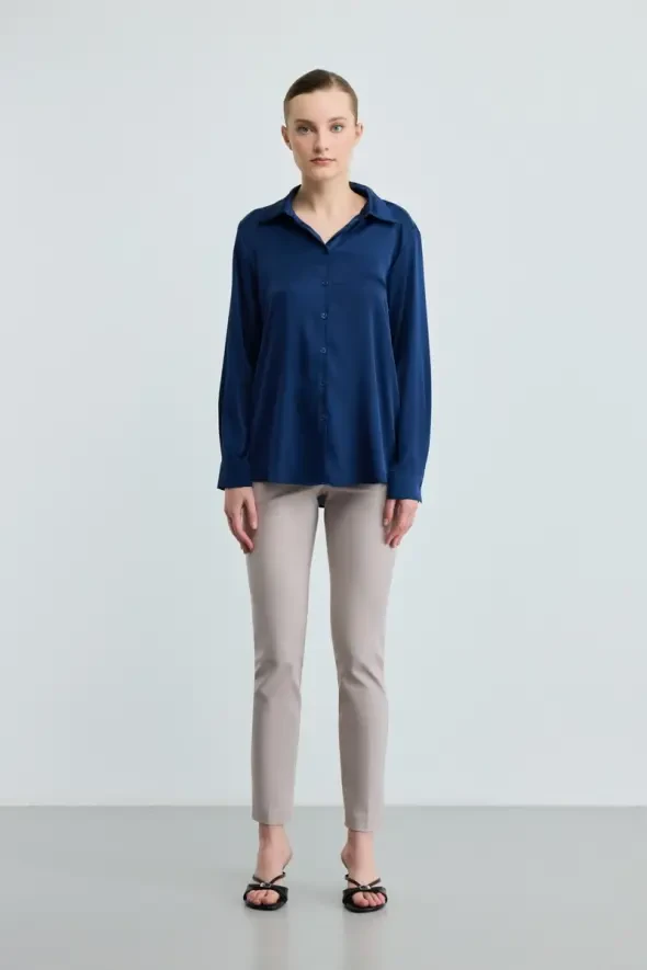 Silk Satin Shirt - Navy Blue - 2
