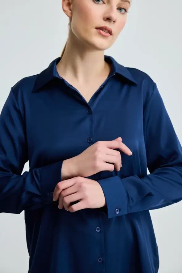 Silk Satin Shirt - Navy Blue - 3