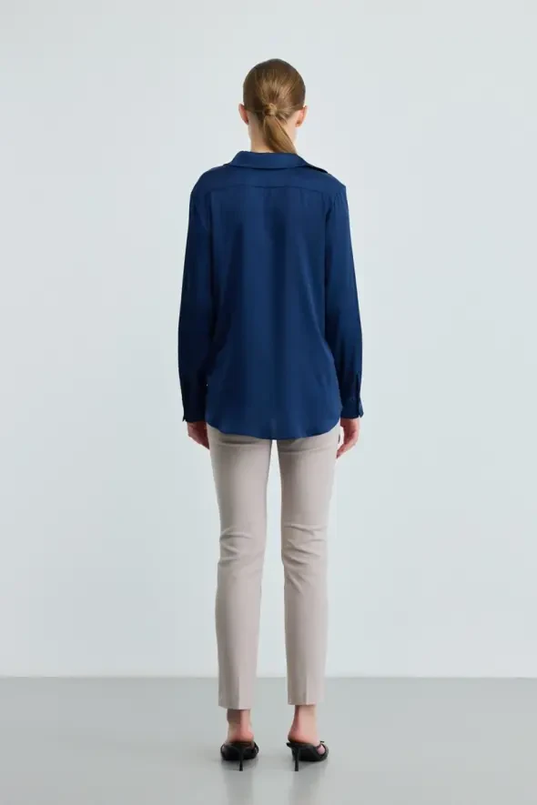 Silk Satin Shirt - Navy Blue - 4