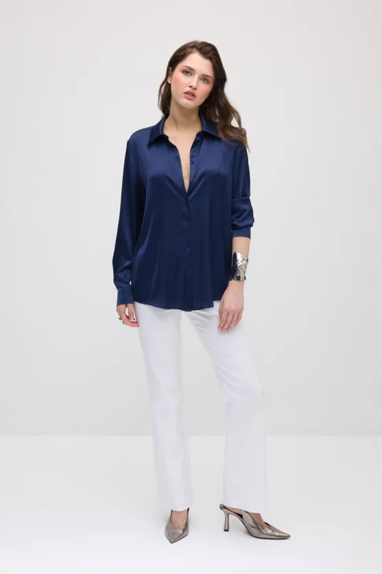 Silky Satin Classic Cut Shirt - Navy Blue - 2