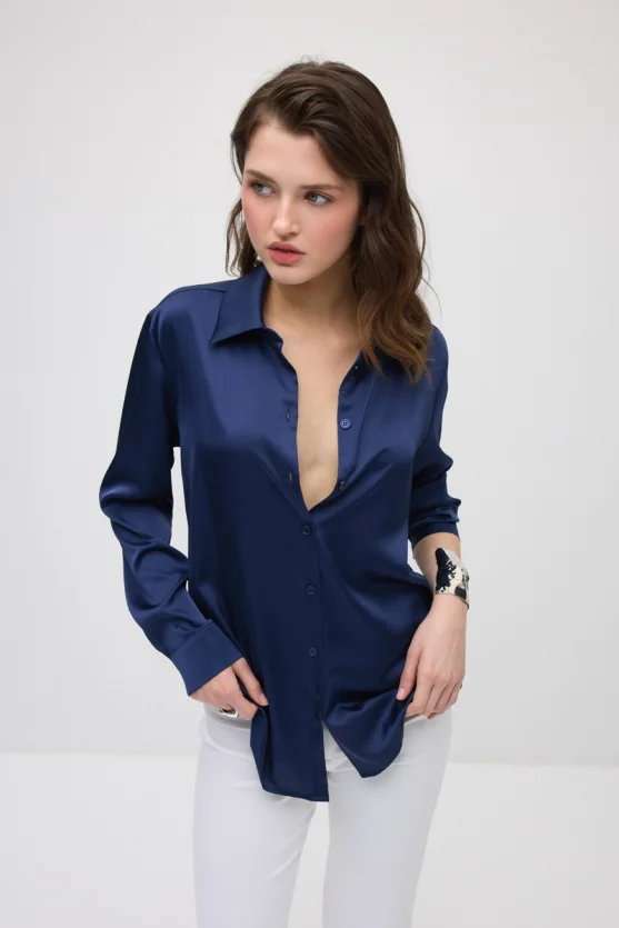 Silky Satin Classic Cut Shirt - Navy Blue - 3