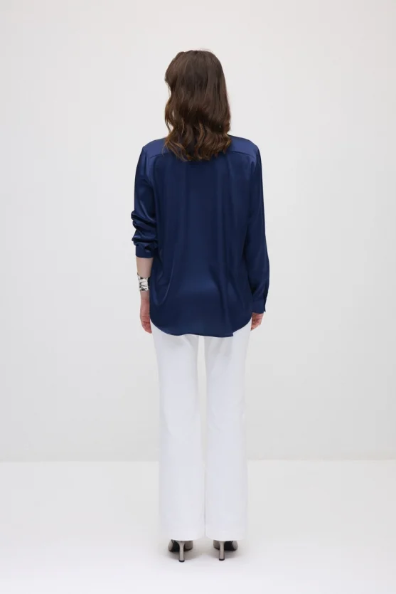 Silky Satin Classic Cut Shirt - Navy Blue - 4