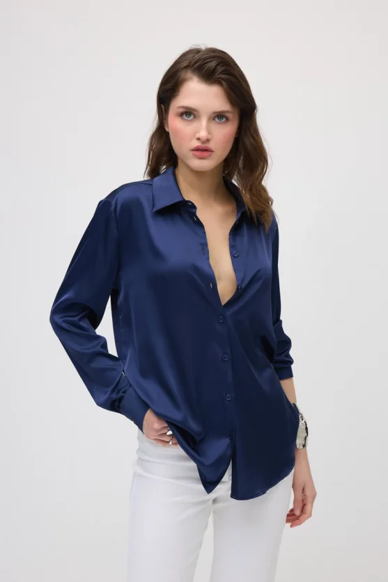 Silky Satin Classic Cut Shirt - Navy Blue - 1