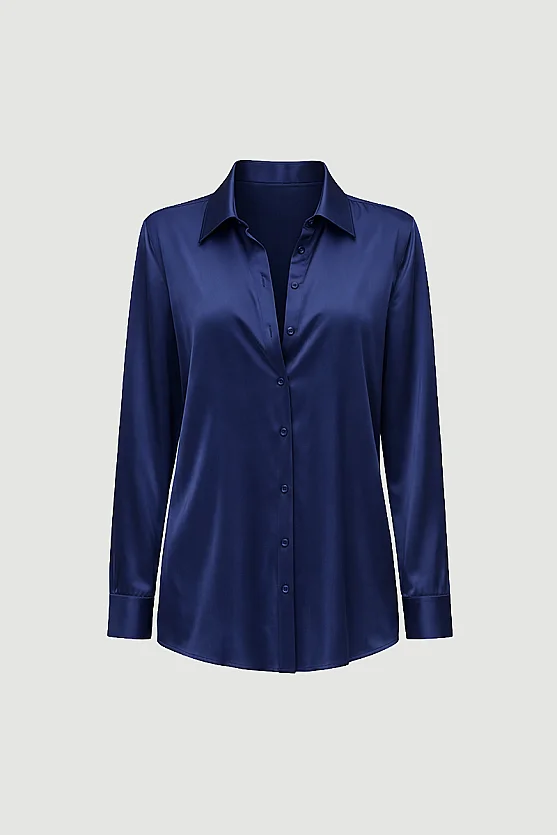 Silky Satin Classic Cut Shirt - Navy Blue - Gusto