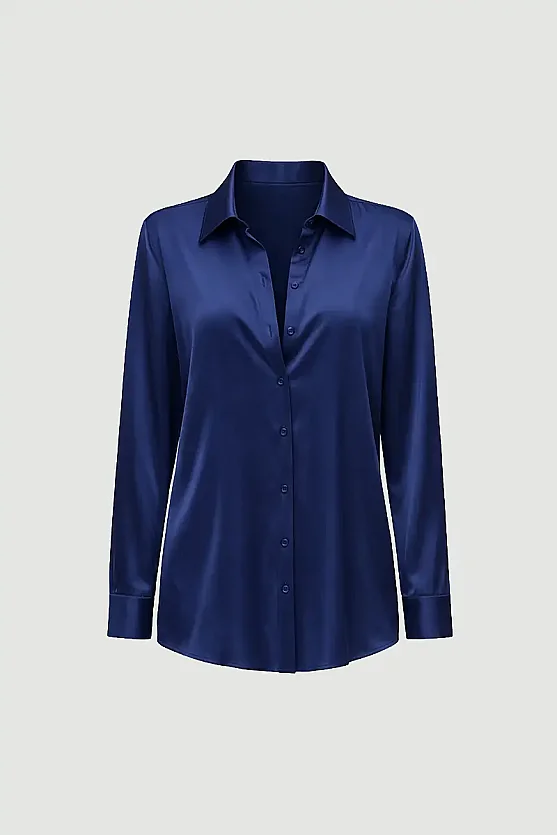 Silky Satin Classic Cut Shirt - Navy Blue - Gusto