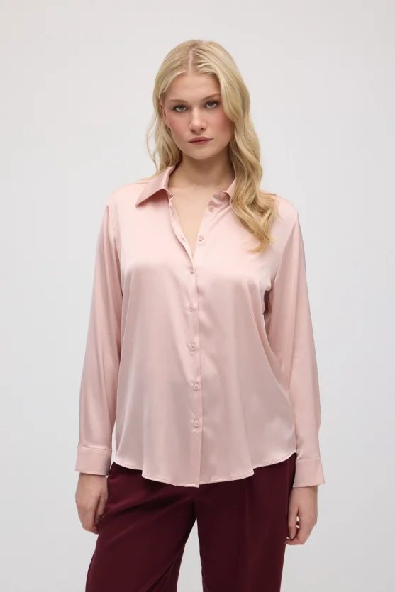 Silky Satin Classic Cut Shirt - Pink - 1