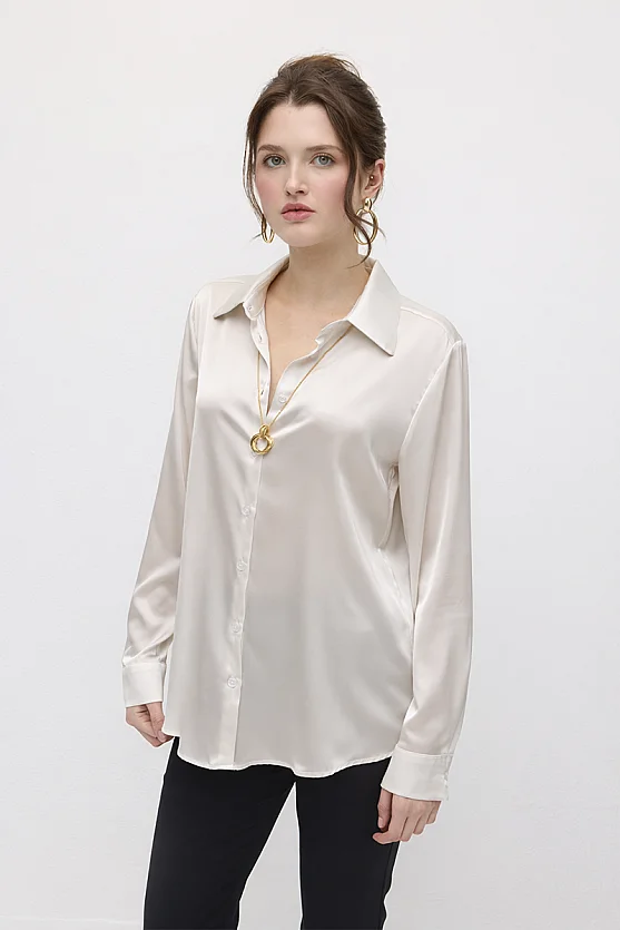 Silky Satin Classic Cut Shirt - Stone - 1