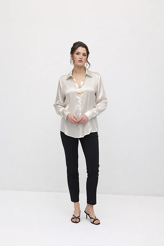 Silky Satin Classic Cut Shirt - Stone - Gusto