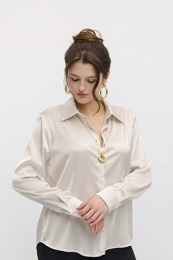 Silky Satin Classic Cut Shirt - Stone - Gusto