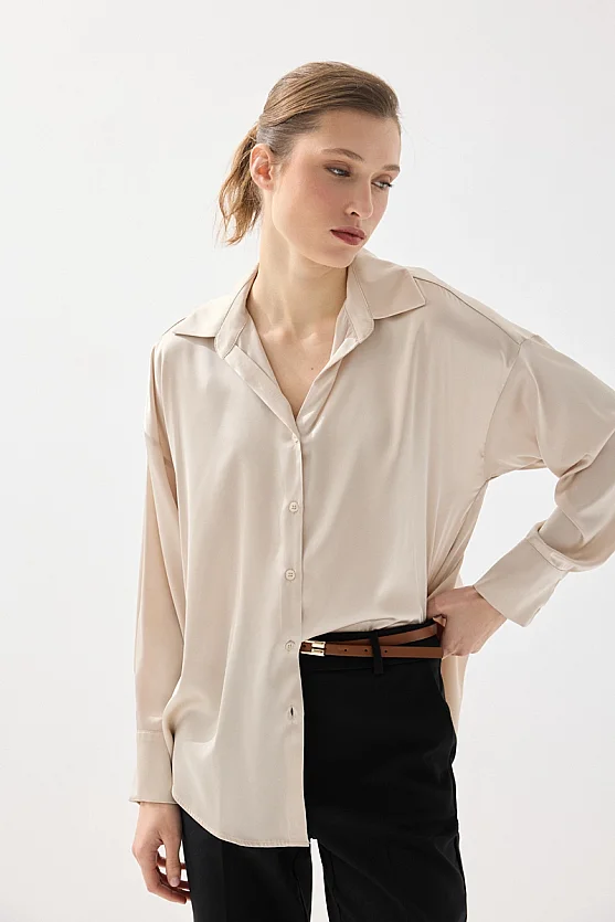 Silky Satin Relaxed Fit Shirt - Beige - 1
