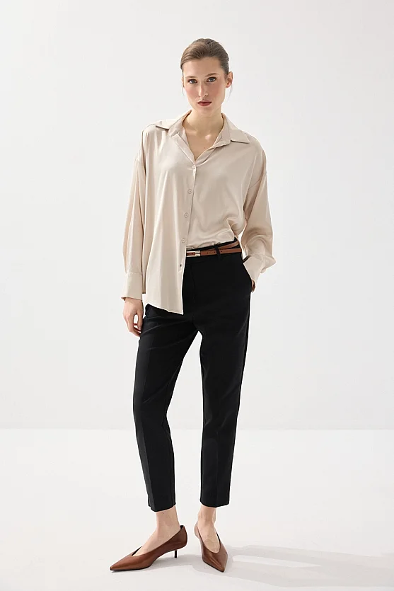 Silky Satin Relaxed Fit Shirt - Beige - 2
