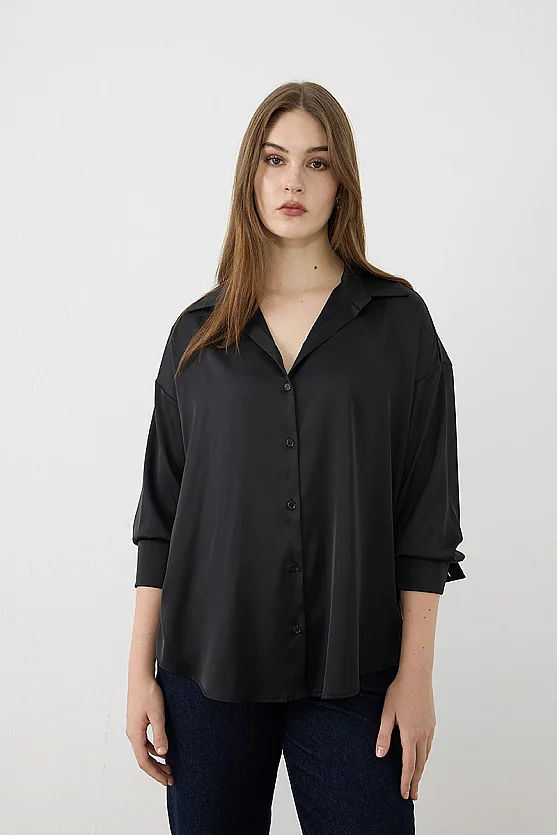 Silky Satin Relaxed-Fit Shirt - Black - Gusto