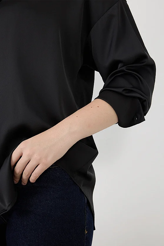 Silky Satin Relaxed-Fit Shirt - Black - 4