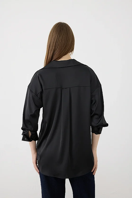 Silky Satin Relaxed-Fit Shirt - Black - 6