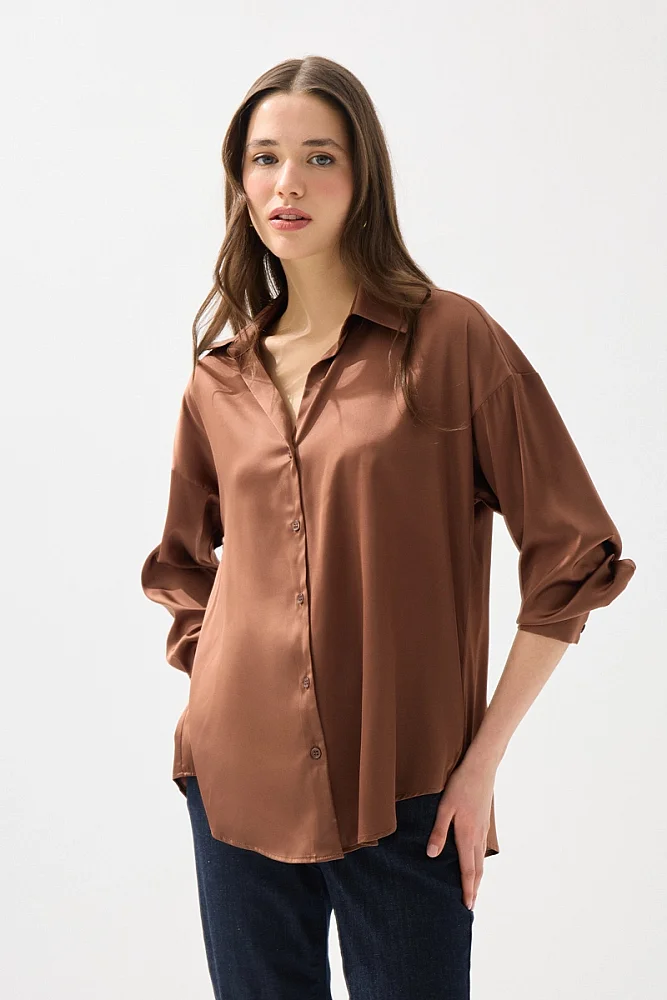 Silky Satin Relaxed Fit Shirt - Brown