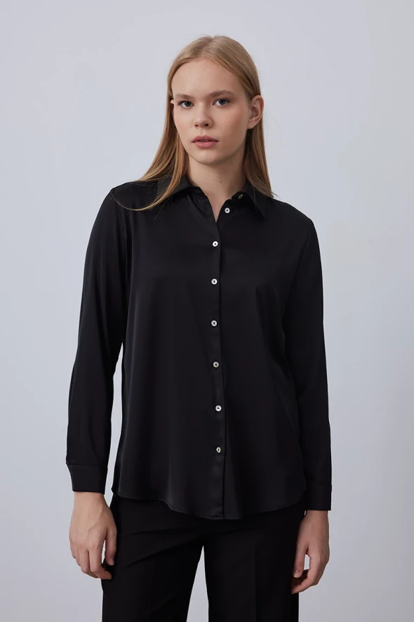 Silky Satin Shirt - Black - 2